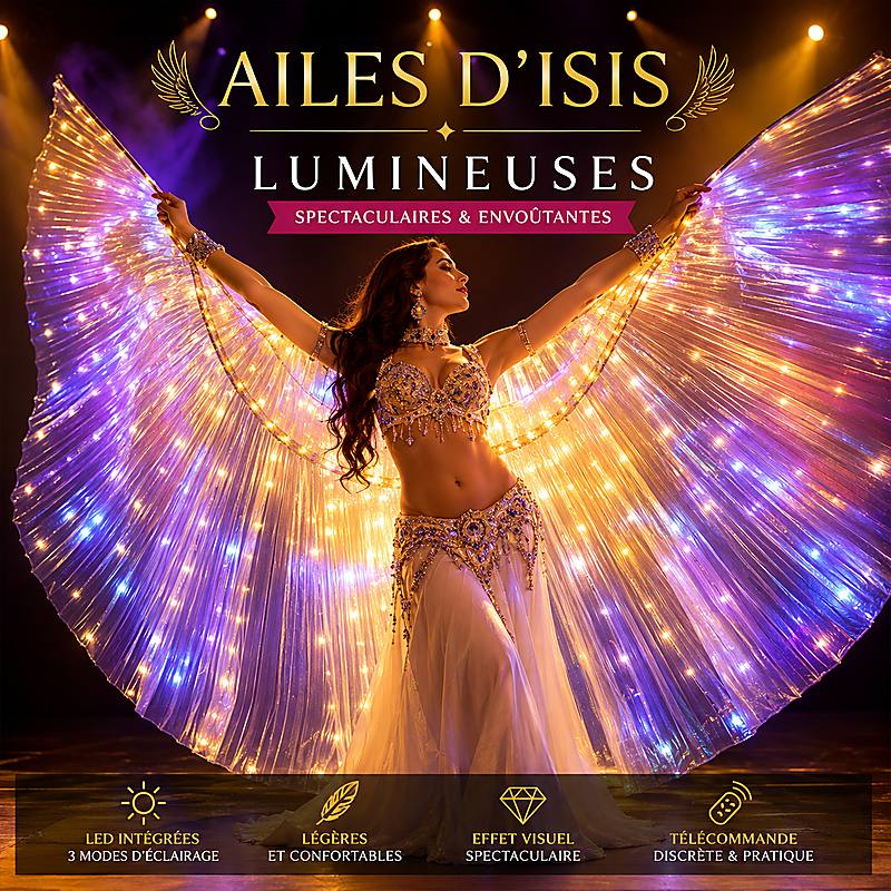 Danseuse orientale utilisant des ailes d'Isis lumineuses à LED lors d'un spectacle