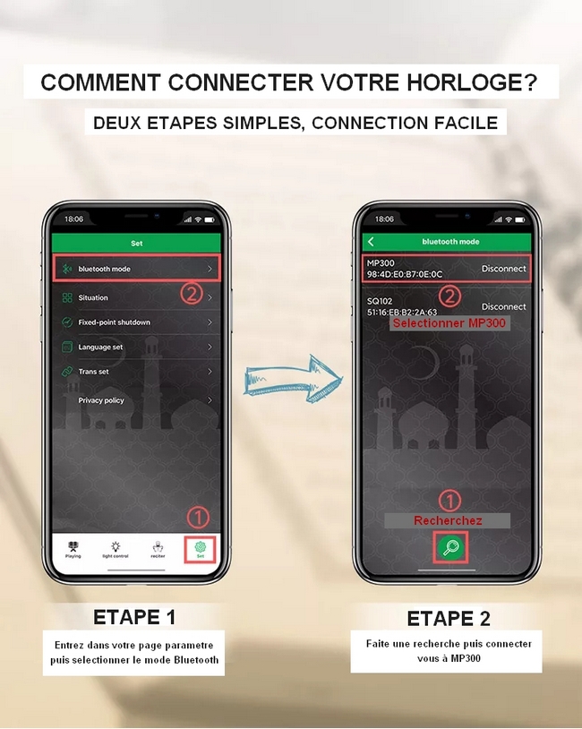 equantu mp300 horloge adhan comment se connecter