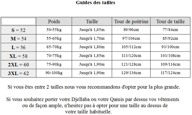 tableau de correspondance des tailles qamis emirati