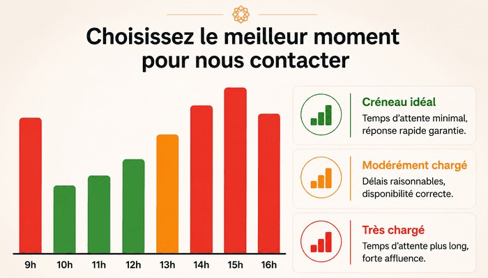 Horaires conseillés pour appeler notre service client du lundi au vendredi de 9h à 16h – créneaux verts idéaux, orange modérés et rouges très chargés.