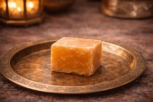 Musc solide parfum ambre naturel sans alcool sur plateau oriental