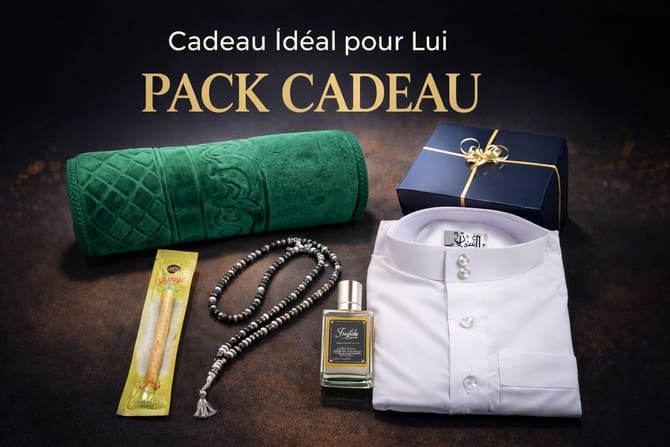 Pack cadeau homme musulman avec qamis blanc, tapis de prière, tasbih, parfum et miswak