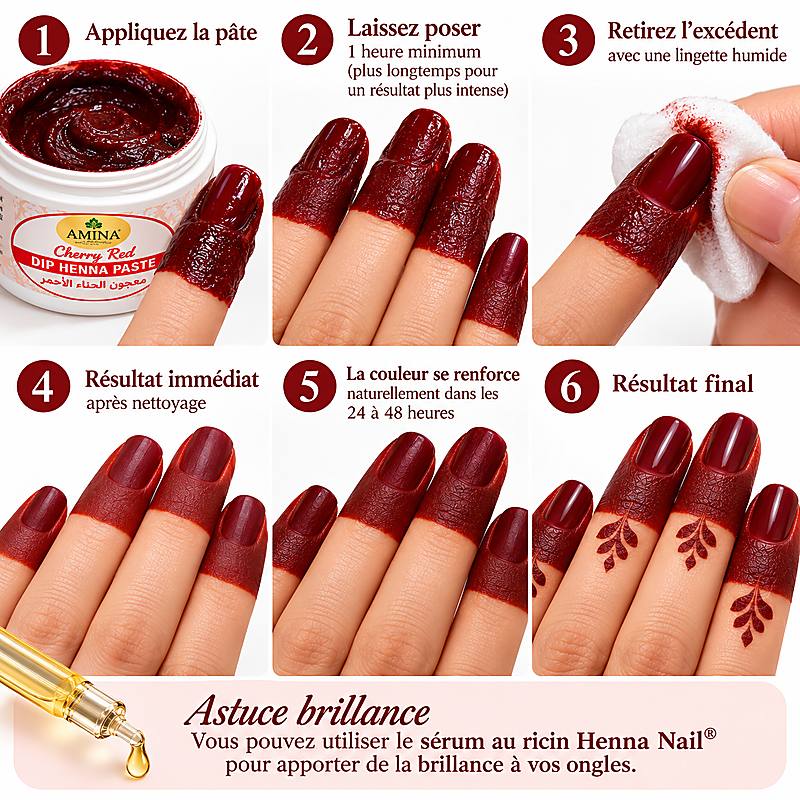 Mode d’emploi de la pâte Amina Dip Henna pour colorer les ongles et le bout des doigts