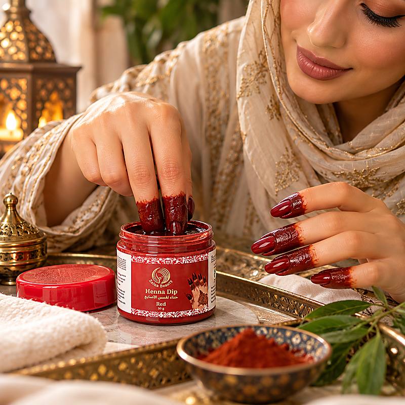 Application du Henna Dip Zeina Beauty prêt à l'emploi par trempage des doigts