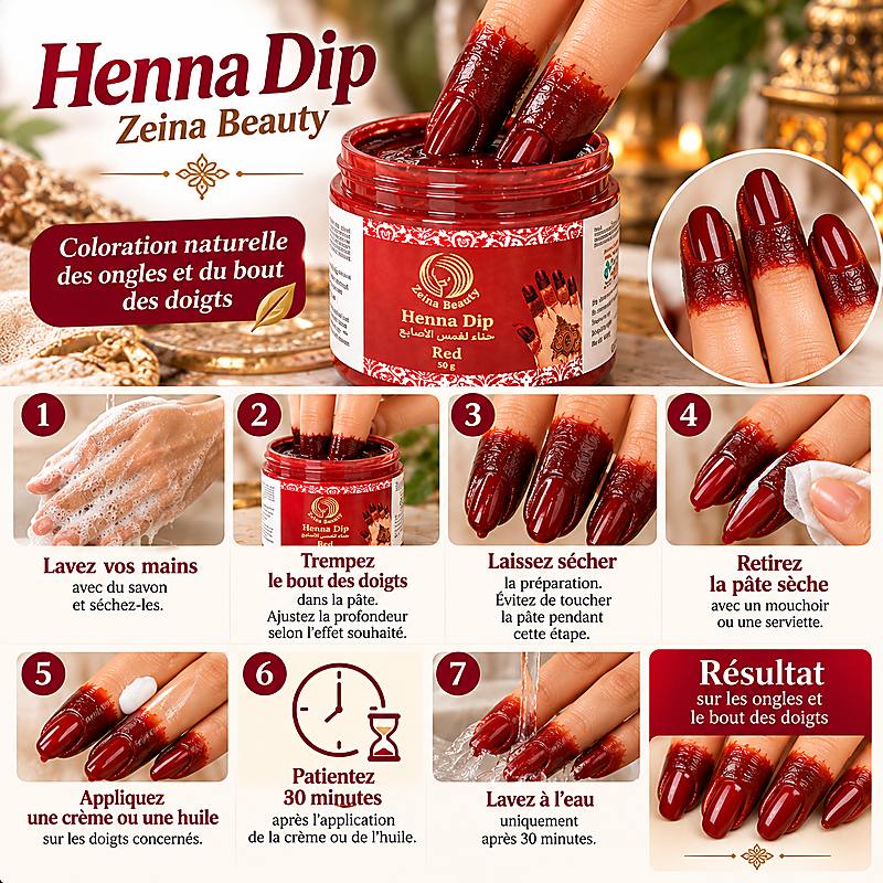Mode d'emploi Henna Dip Zeina Beauty pour les ongles et le bout des doigts