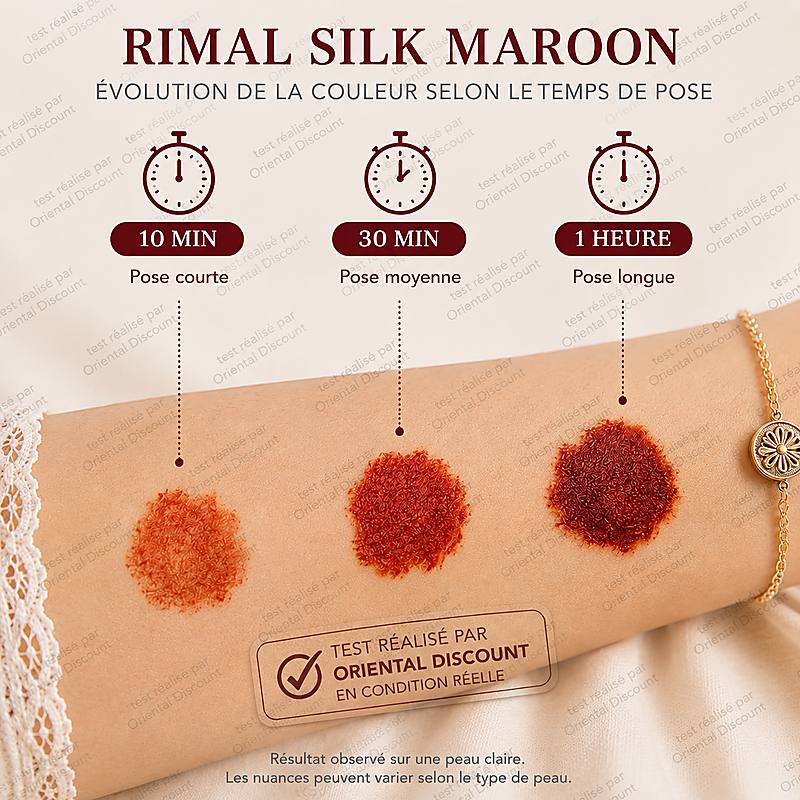Test Rimal Silk Maroon résultat du henné après 10 min 30 min et 1 heure de pose