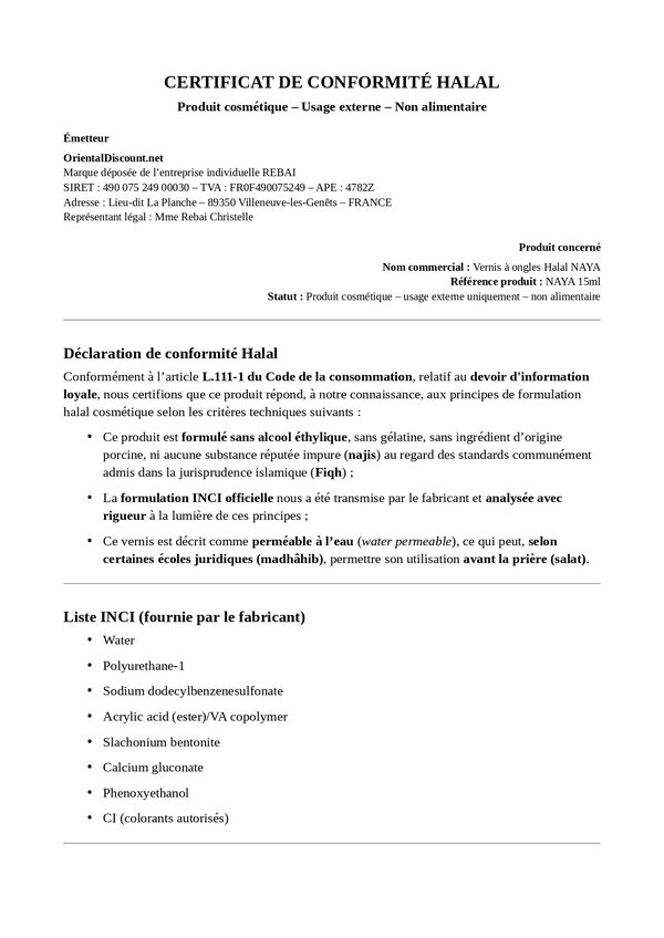 Certificat Halal officiel du vernis à ongles NAYA – Formule sans alcool, perméable à l'eau, conforme aux critères cosmétiques halal