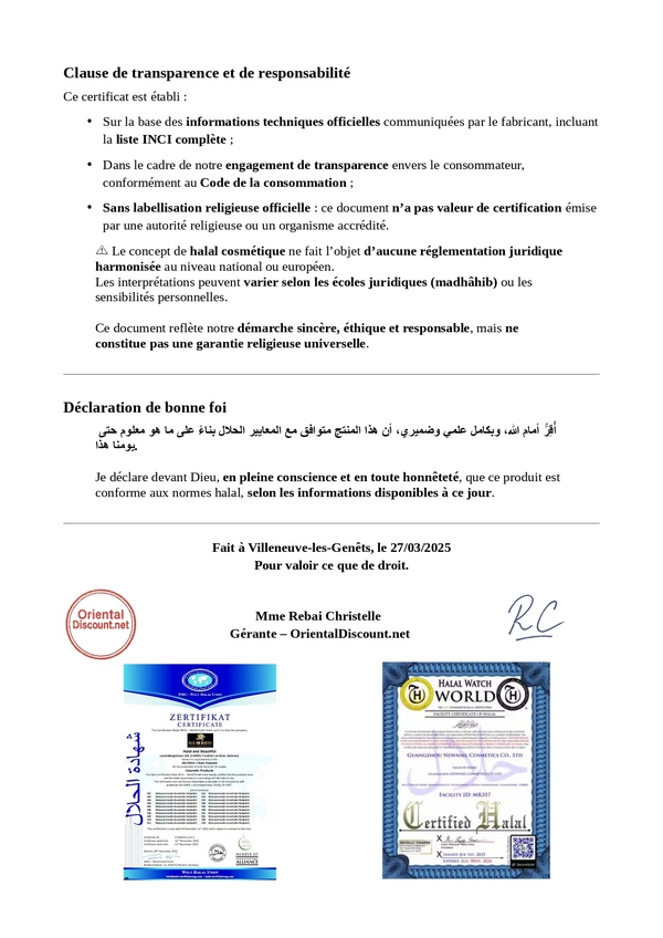 Document de conformité Halal – Composition analysée selon les principes islamiques, sans ingrédient porcin ni substance najis