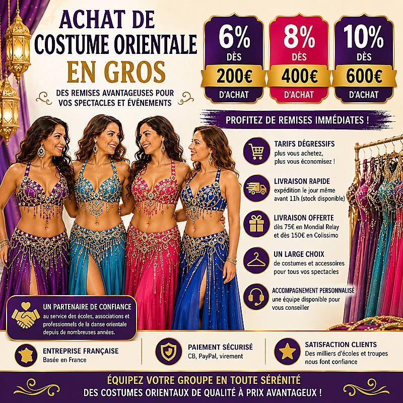 Achat de costumes de danse orientale en gros pour associations, écoles et troupes de danse