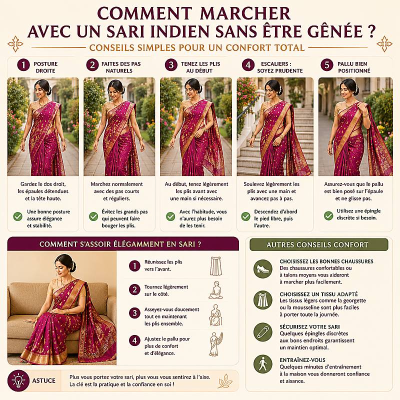 Comment marcher avec un sari indien sans être gênée : conseils pratiques pour se déplacer, monter les escaliers et s'asseoir confortablement