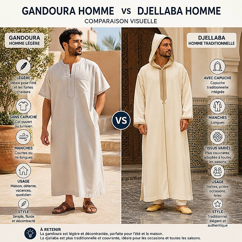 Comparaison entre une gandoura homme légère et une djellaba traditionnelle marocaine à capuche