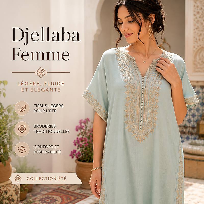 Djellaba femme d'été légère à manches courtes avec broderies traditionnelles orientales
