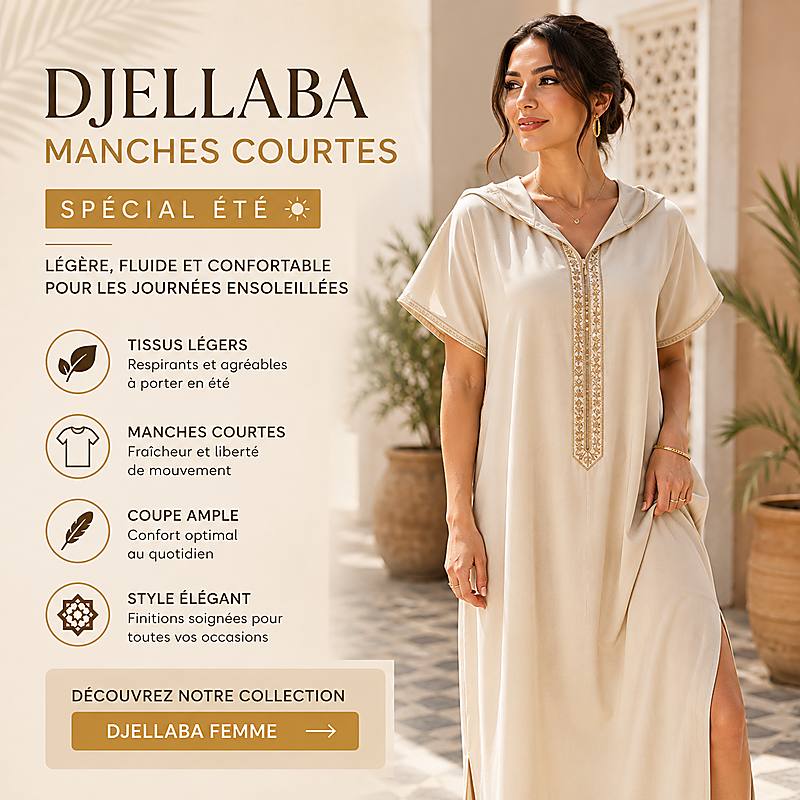 Djellaba femme manches courtes légère idéale pour l'été et les journées ensoleillées