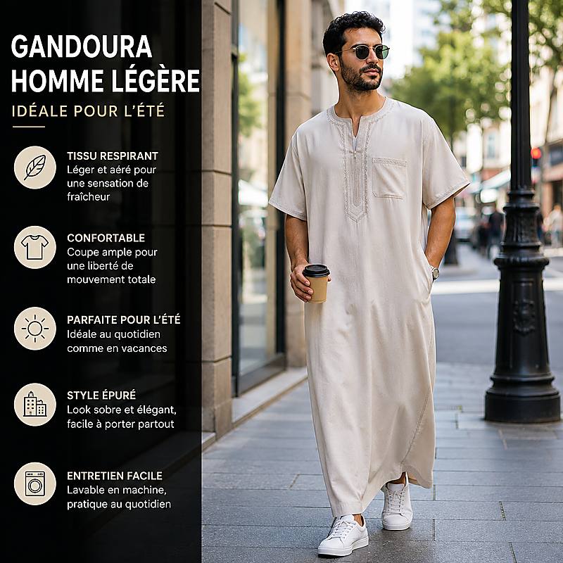 Gandoura homme légère beige portée en ville pendant l'été dans un style moderne et décontracté