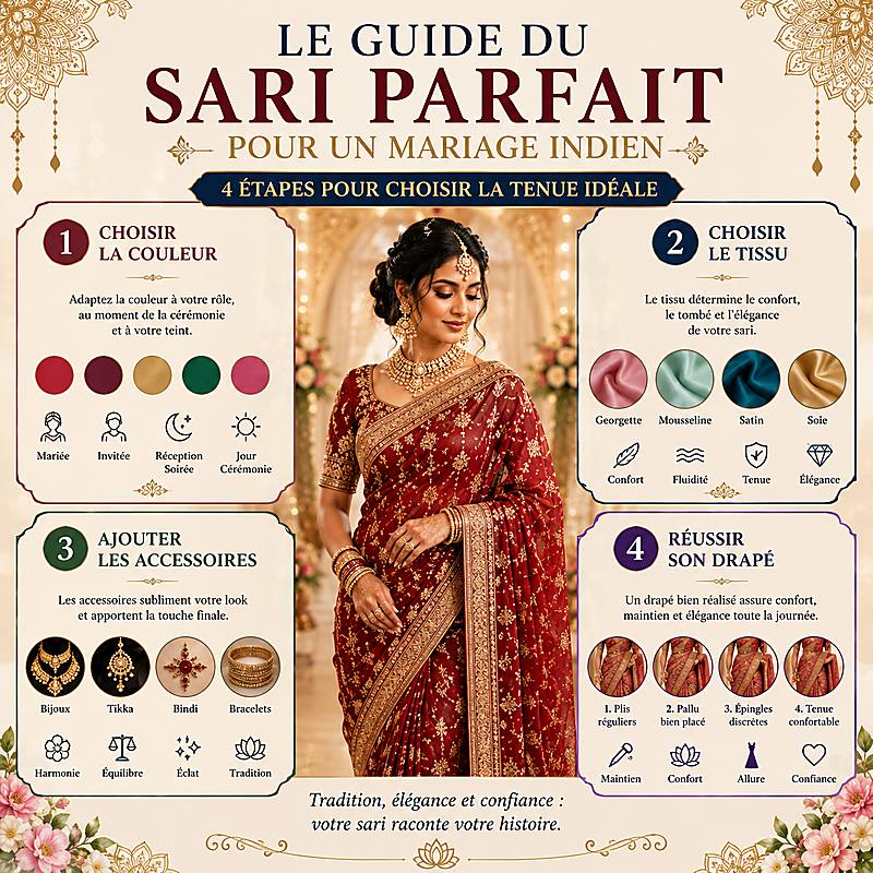 Guide du sari parfait pour un mariage indien : choisir la couleur, le tissu, les accessoires et réussir son drapé