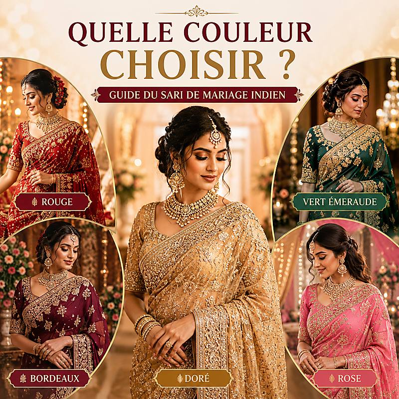 Quelle couleur choisir pour un sari de mariage indien : rouge, bordeaux, doré, rose ou vert émeraude