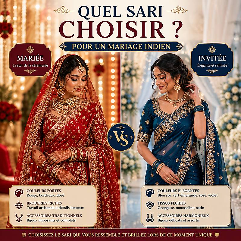 Sari mariée ou invitée pour un mariage indien : comparaison des couleurs, tissus et accessoires selon votre rôle dans la cérémonie