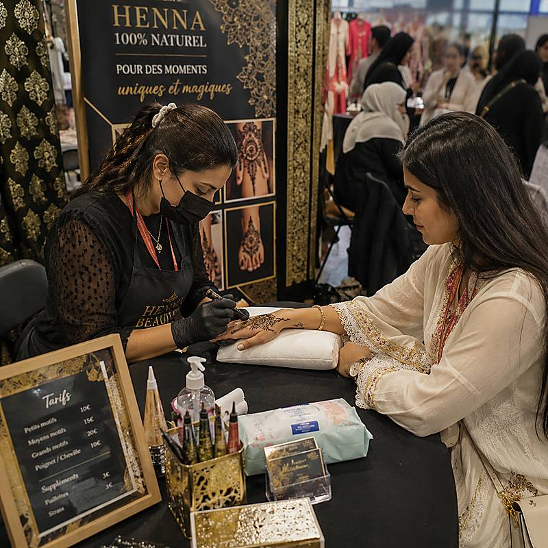 Hennaya professionnelle réalisant un tatouage au henné sur une cliente lors d'un salon