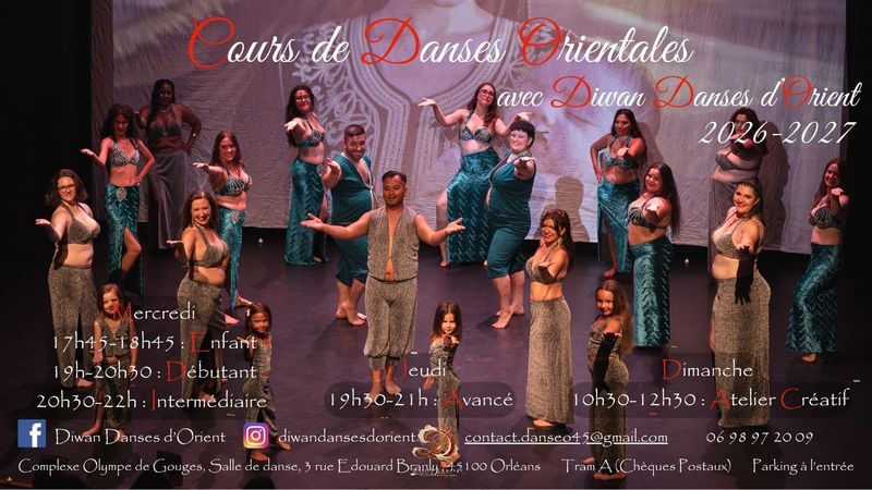 Plaquette d'information des cours de danse orientale à Orléans avec horaires et contact Diwan-Centre